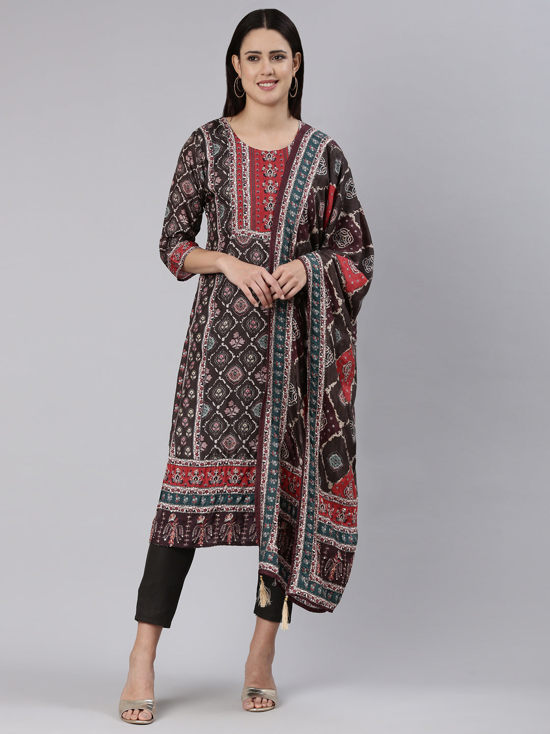 Neeru's Brown Regular Straight Printed Readymade suits