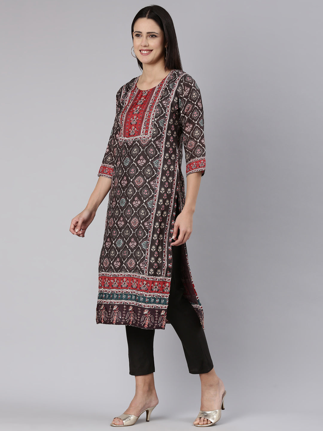 Neeru's Brown Regular Straight Printed Readymade suits