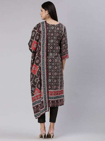 Neeru's Brown Regular Straight Printed Readymade suits