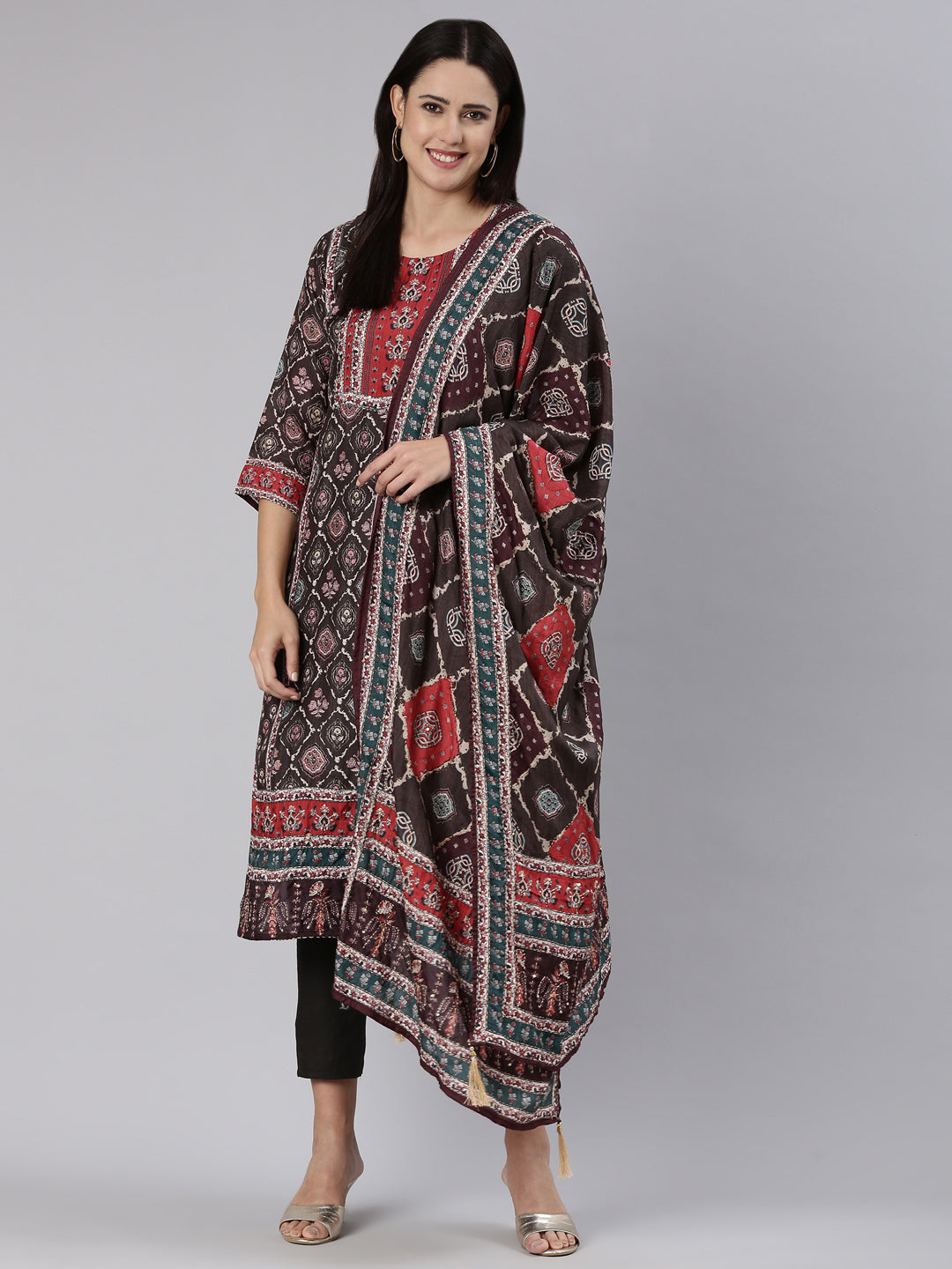 Neeru's Brown Regular Straight Printed Readymade suits