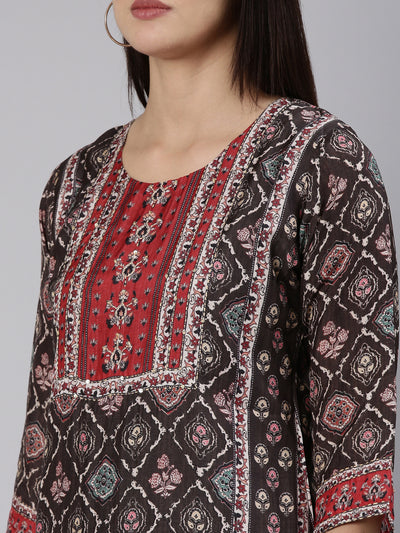 Neeru's Brown Regular Straight Printed Readymade suits