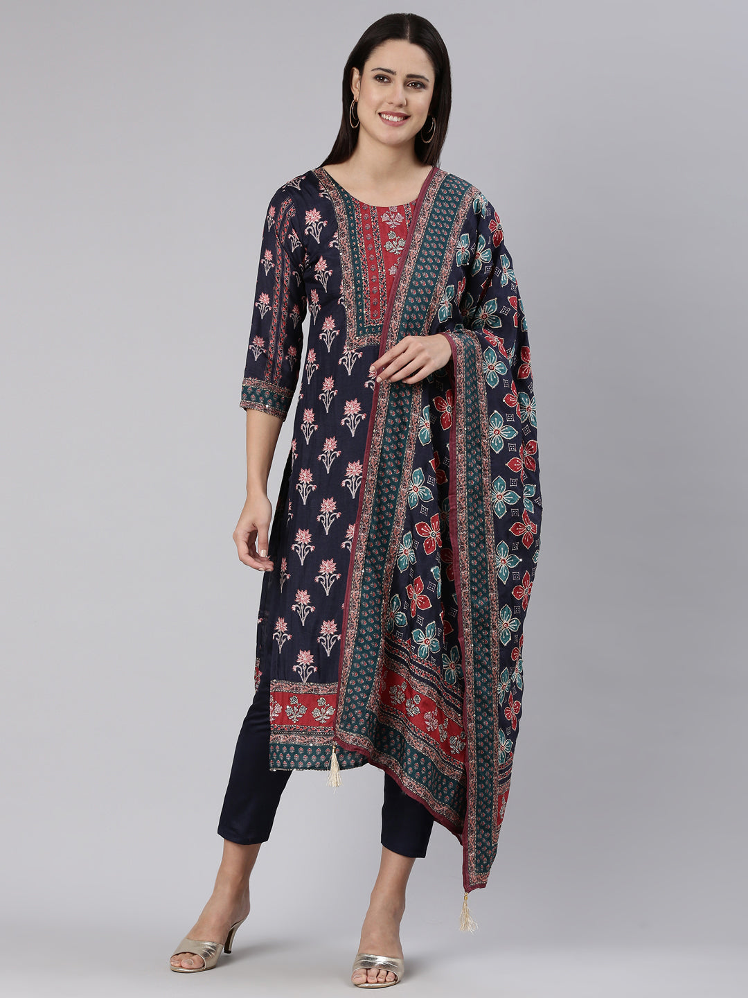 Neeru's Navy Blue Regular Straight Printed Kurta And Trousers With Dupatta