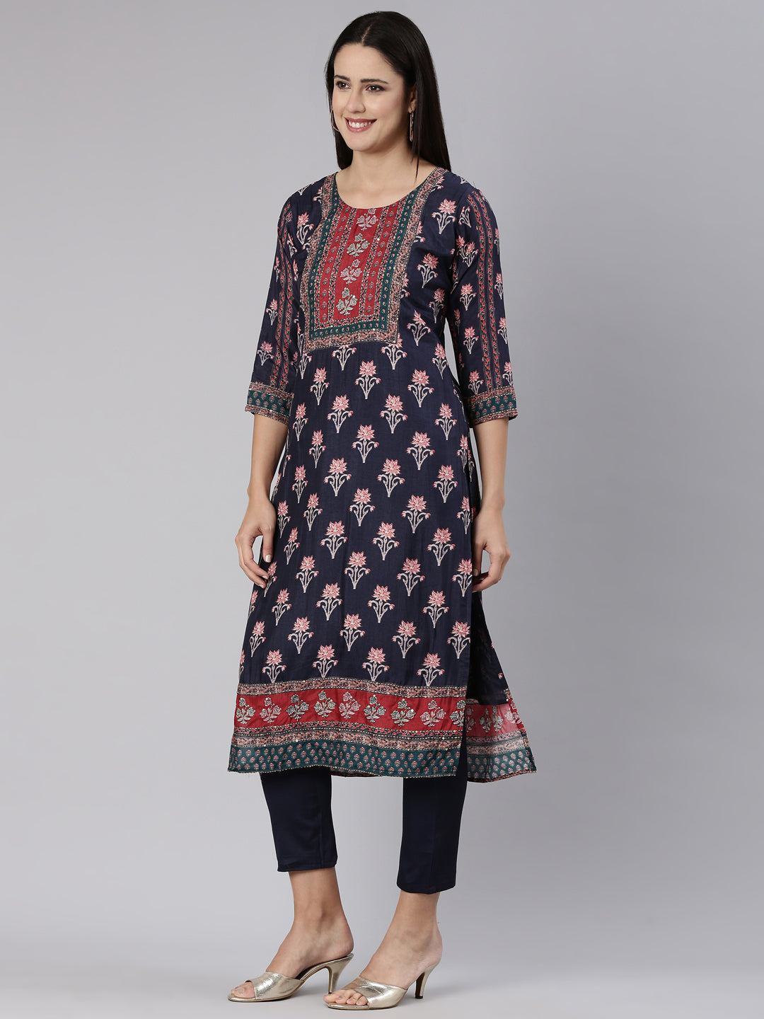 Neeru's Navy Blue Regular Straight Printed Kurta And Trousers With Dupatta