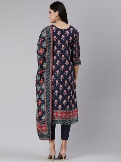 Neeru's Navy Blue Regular Straight Printed Kurta And Trousers With Dupatta