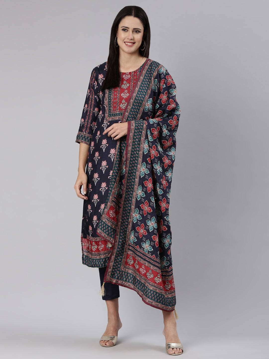 Neeru's Navy Blue Regular Straight Printed Kurta And Trousers With Dupatta