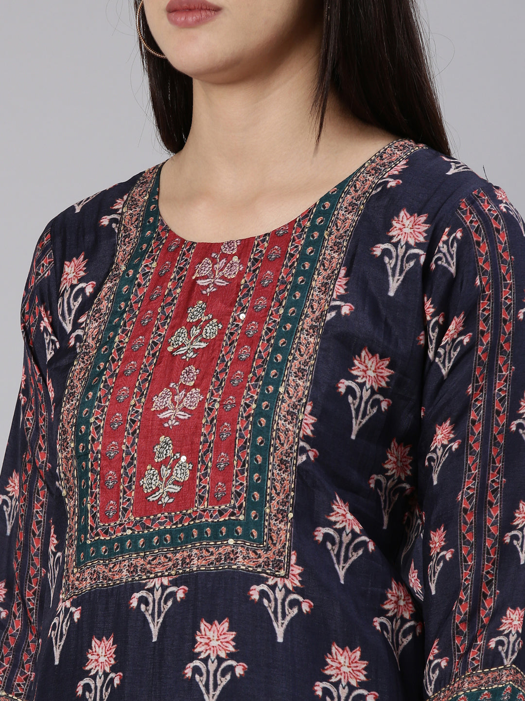 Neeru's Navy Blue Regular Straight Printed Kurta And Trousers With Dupatta