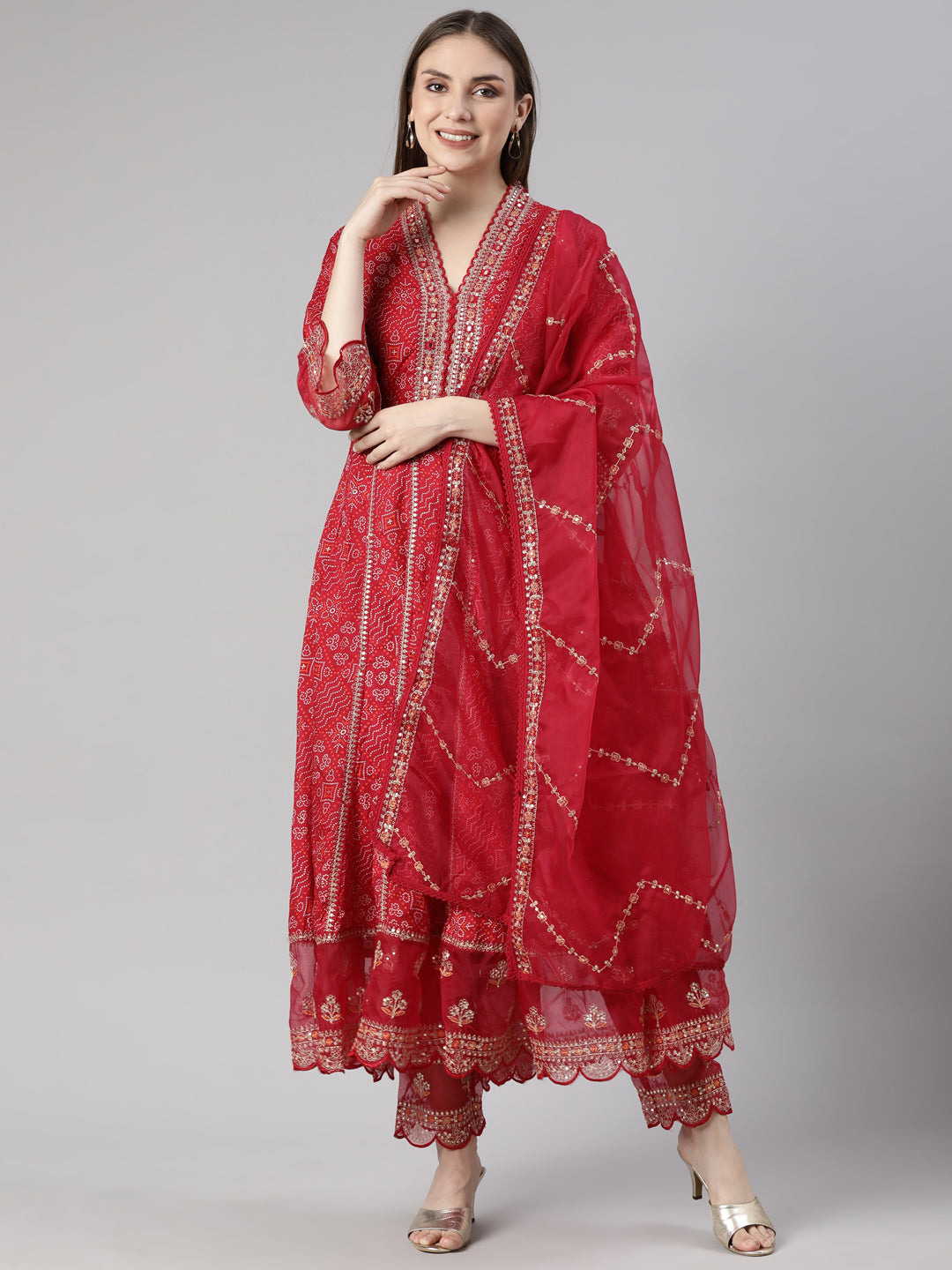 Neerus Pink Pleated Flared Bandhani Kurta And  Trousers With Dupatta