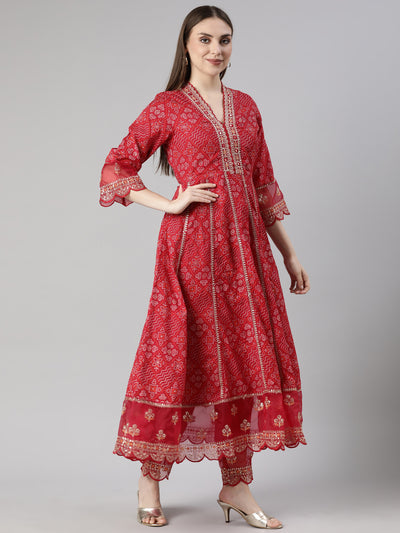 Neerus Pink Pleated Flared Bandhani Kurta And  Trousers With Dupatta