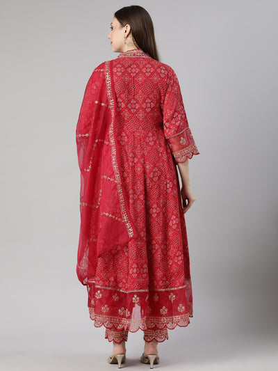 Neerus Pink Pleated Flared Bandhani Kurta And  Trousers With Dupatta