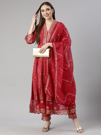 Neerus Pink Pleated Flared Bandhani Kurta And  Trousers With Dupatta