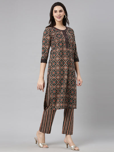 Neerus Black Regular Straight Floral Kurta And  Trousers With Dupatta