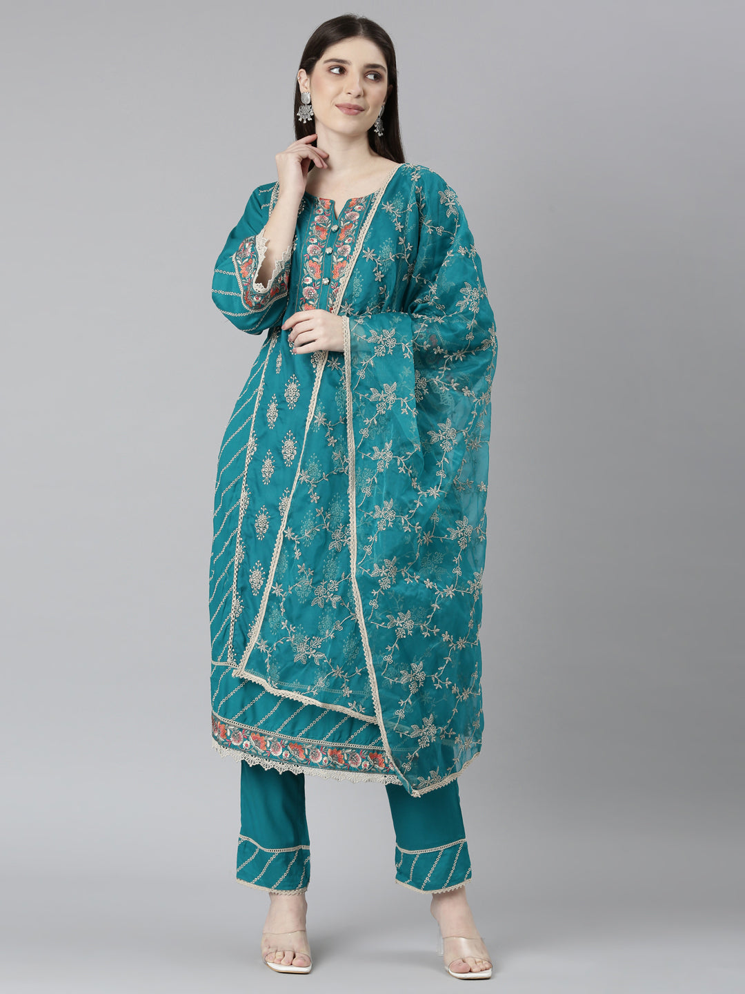 Neeru's Green Regular Straight Floral Kurta And Trousers With Dupatta