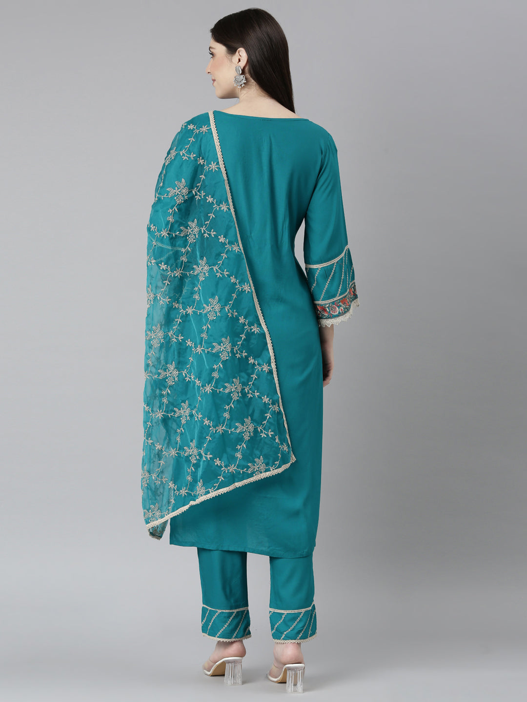 Neeru's Green Regular Straight Floral Kurta And Trousers With Dupatta