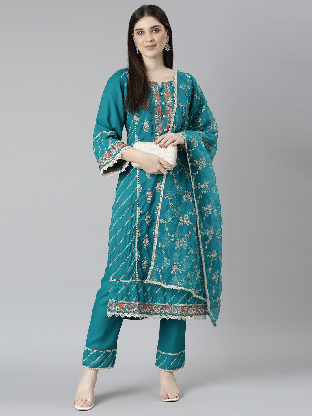 Neeru's Green Regular Straight Floral Kurta And Trousers With Dupatta