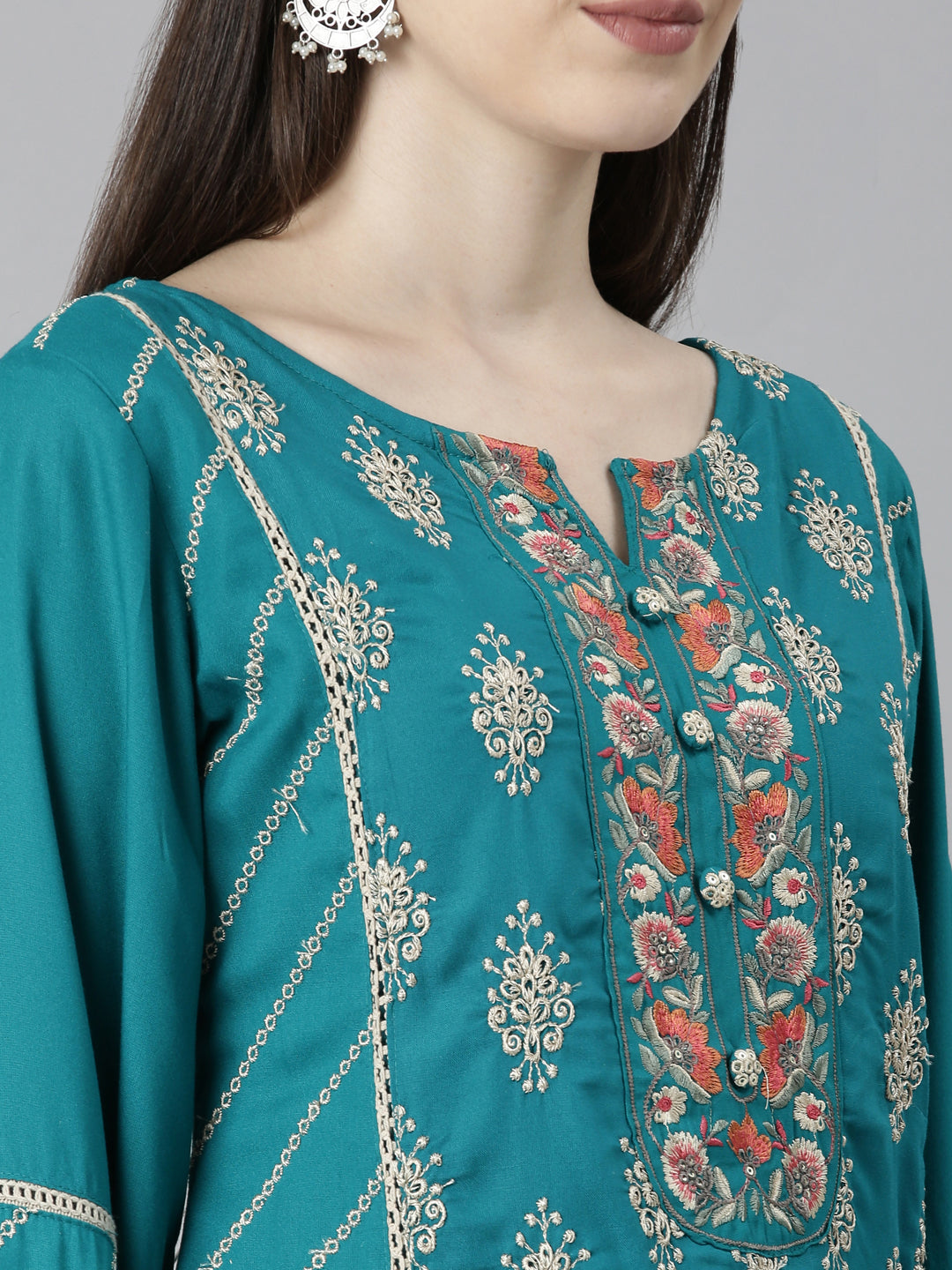 Neeru's Green Regular Straight Floral Kurta And Trousers With Dupatta