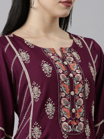 Neeru's Purple Regular Straight Floral Kurta And Trousers With Dupatta