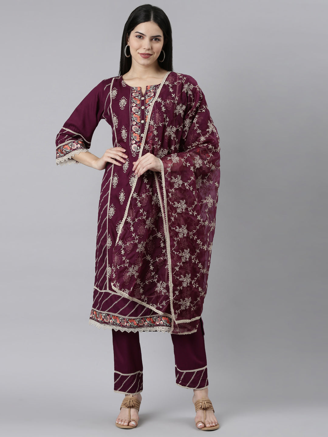 Neeru's Purple Regular Straight Floral Kurta And Trousers With Dupatta