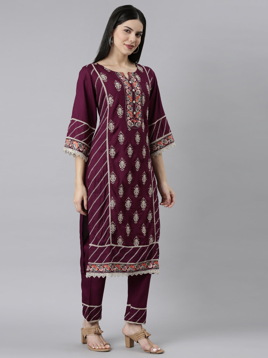 Neeru's Purple Regular Straight Floral Kurta And Trousers With Dupatta