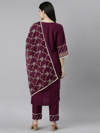 Neeru's Purple Regular Straight Floral Kurta And Trousers With Dupatta