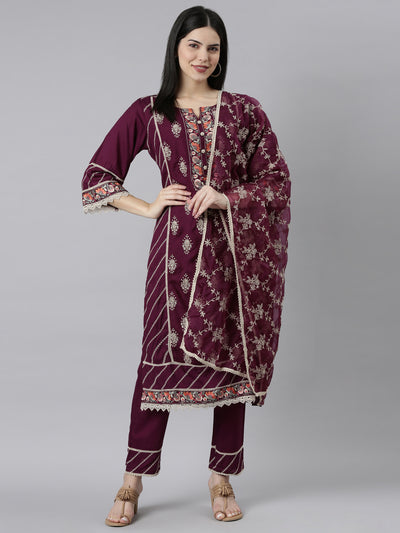 Neeru's Purple Regular Straight Floral Kurta And Trousers With Dupatta