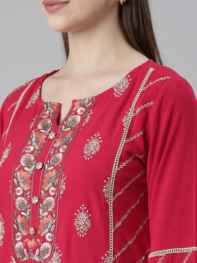 Neeru's Pink Regular Straight Floral Kurta And Trousers With Dupatta