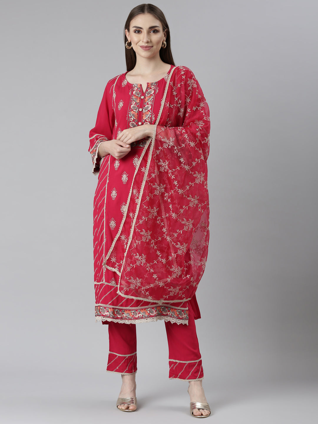 Neeru's Pink Regular Straight Floral Kurta And Trousers With Dupatta