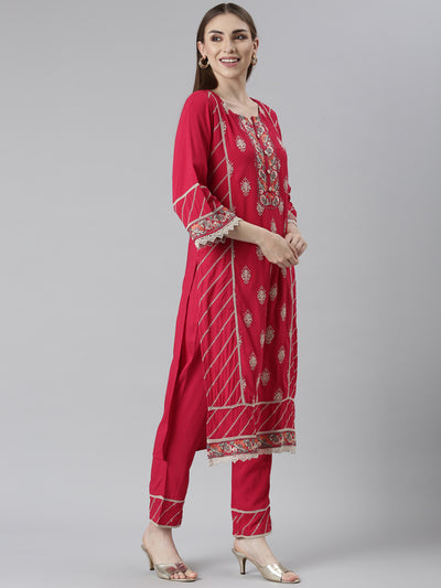 Neeru's Pink Regular Straight Floral Kurta And Trousers With Dupatta