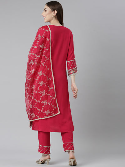 Neeru's Pink Regular Straight Floral Kurta And Trousers With Dupatta