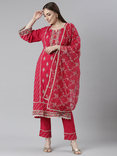 Neeru's Pink Regular Straight Floral Kurta And Trousers With Dupatta