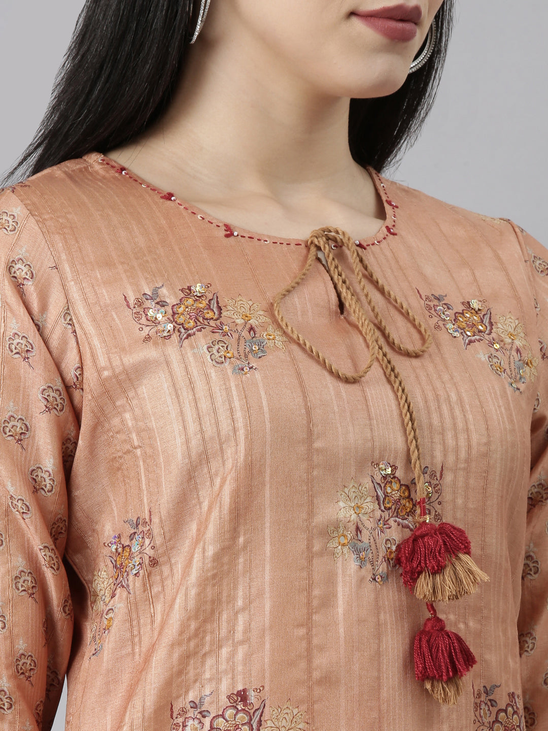 Neeru's Rust Regular Straight Floral Kurta And Trousers With Dupatta