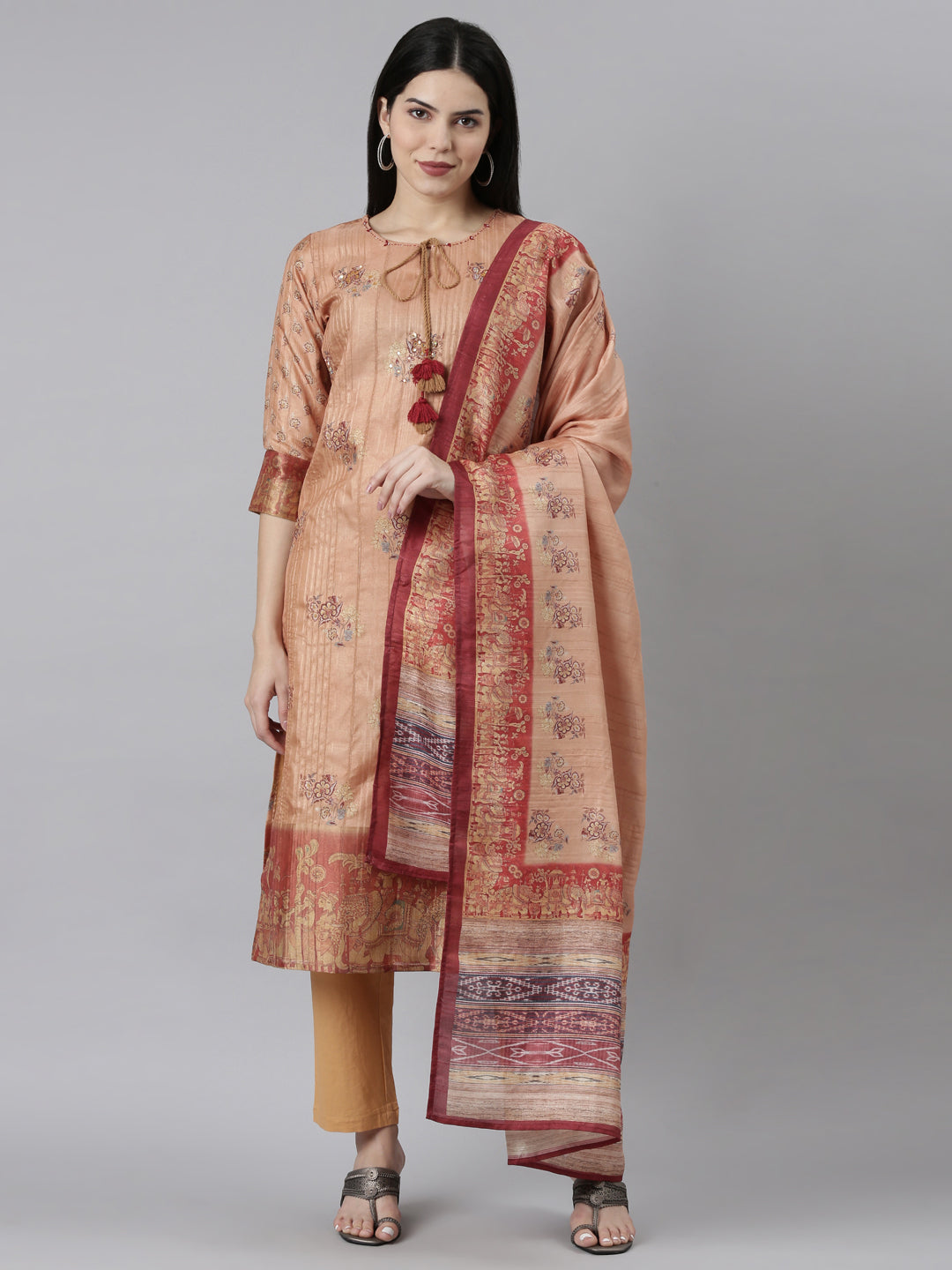 Neeru's Rust Regular Straight Floral Kurta And Trousers With Dupatta