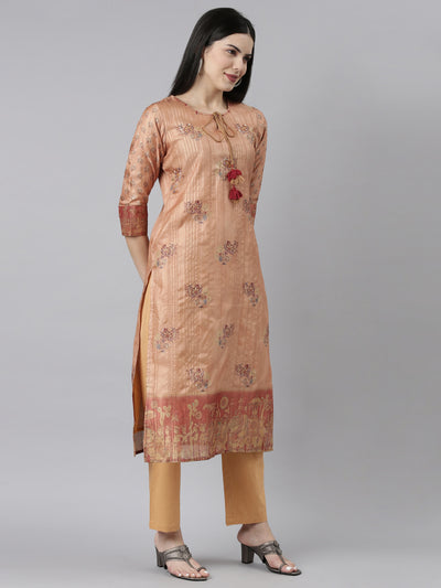 Neeru's Rust Regular Straight Floral Kurta And Trousers With Dupatta