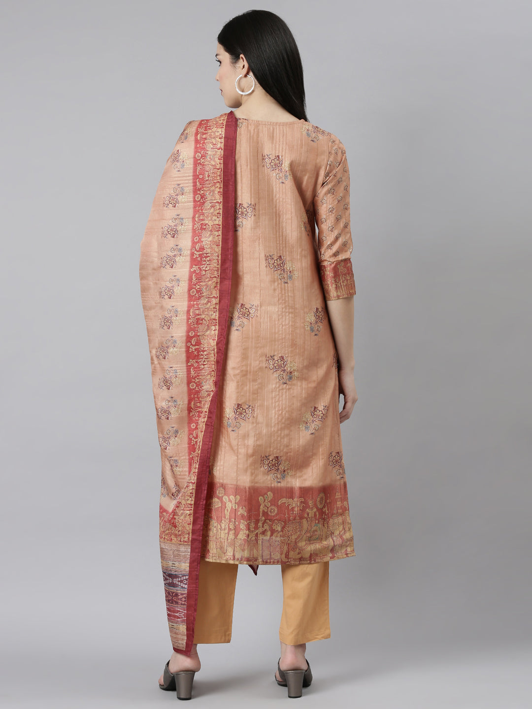 Neeru's Rust Regular Straight Floral Kurta And Trousers With Dupatta