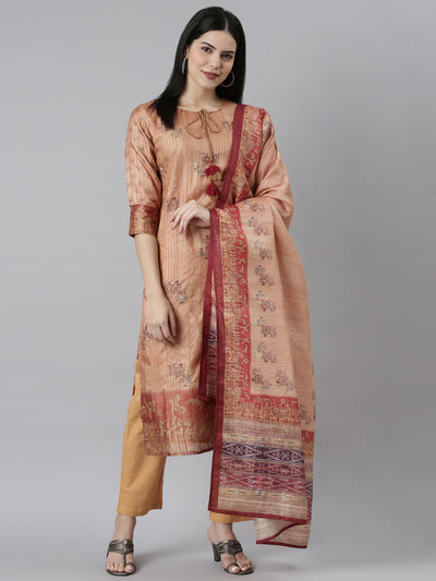 Neeru's Rust Regular Straight Floral Kurta And Trousers With Dupatta