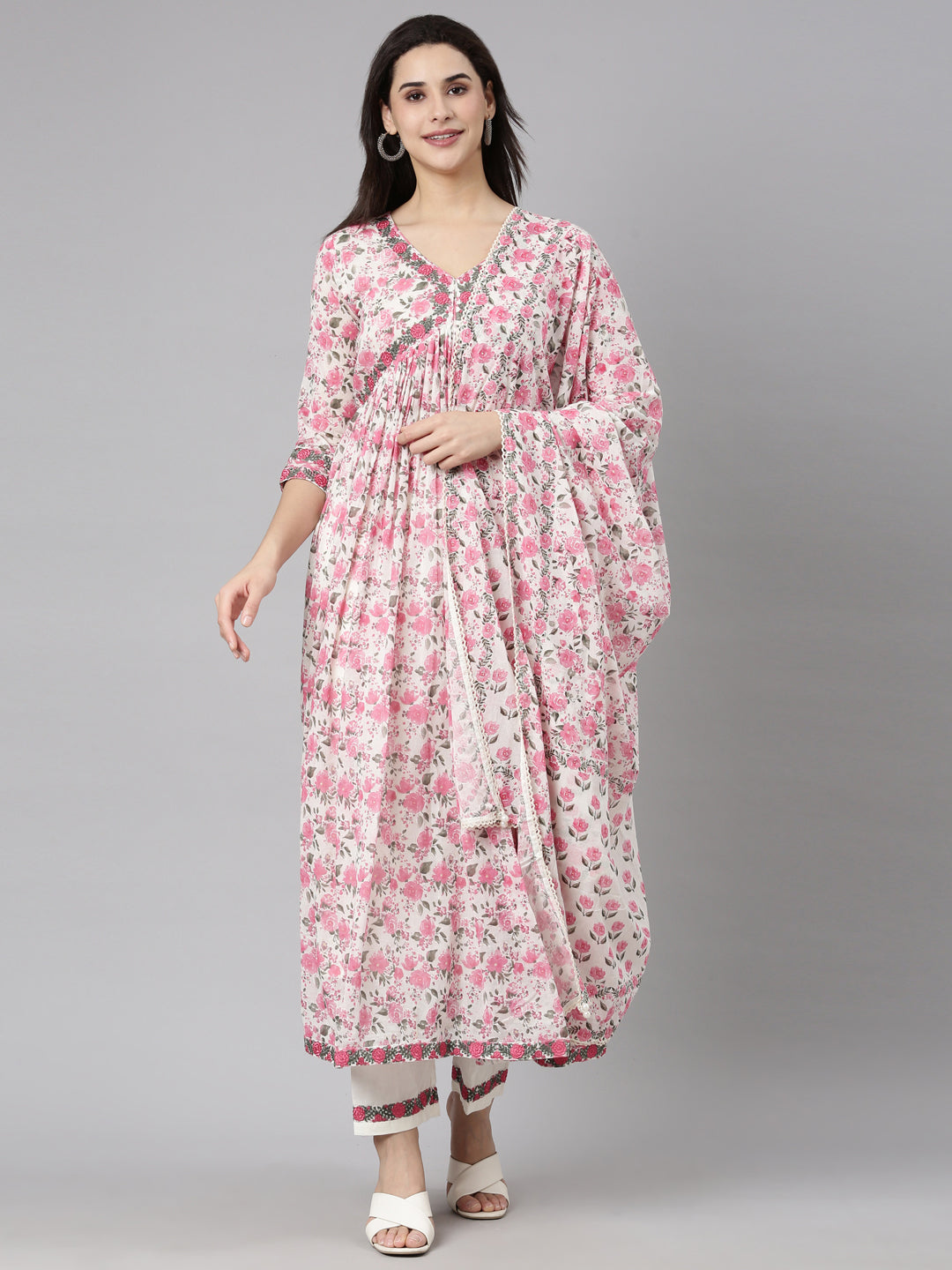 Neerus Pink Pleated Straight Floral Kurta And  Trousers With Dupatta