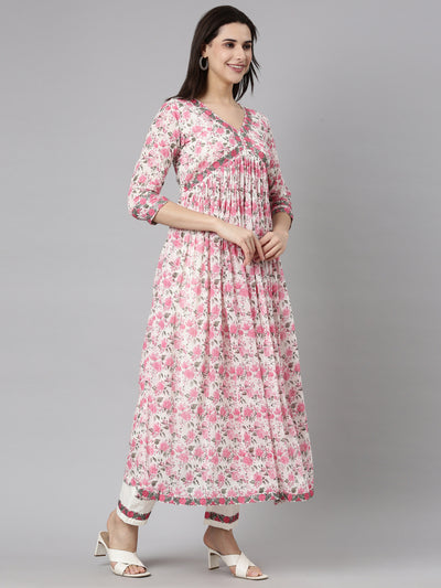 Neerus Pink Pleated Straight Floral Kurta And  Trousers With Dupatta