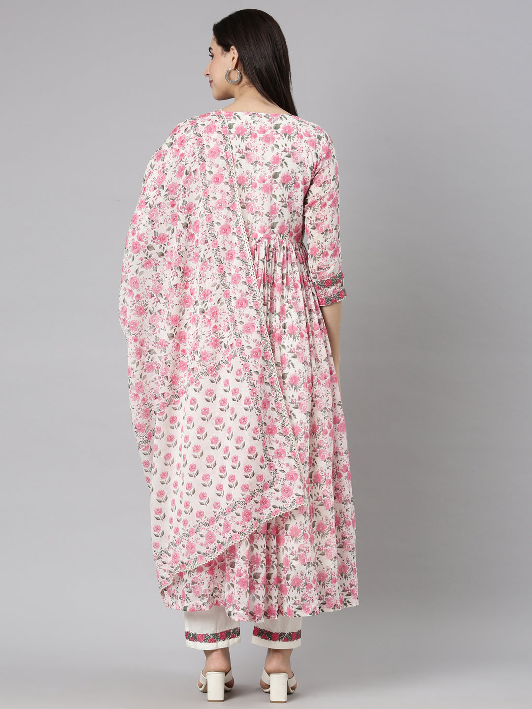 Neerus Pink Pleated Straight Floral Kurta And  Trousers With Dupatta