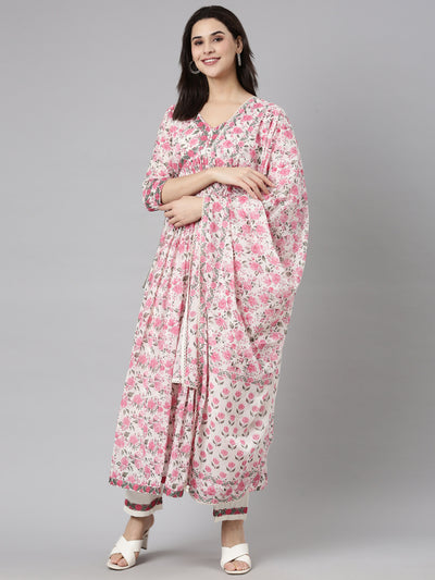 Neerus Pink Pleated Straight Floral Kurta And  Trousers With Dupatta