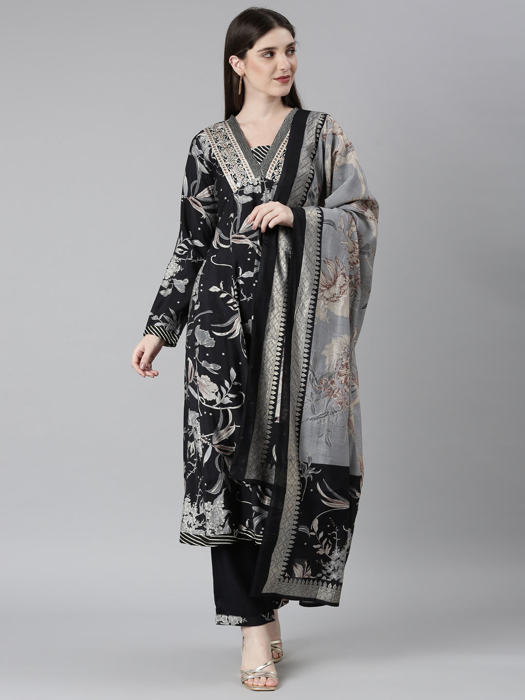 Neerus Black Regular Straight Floral Kurta And Trousers With Dupatta