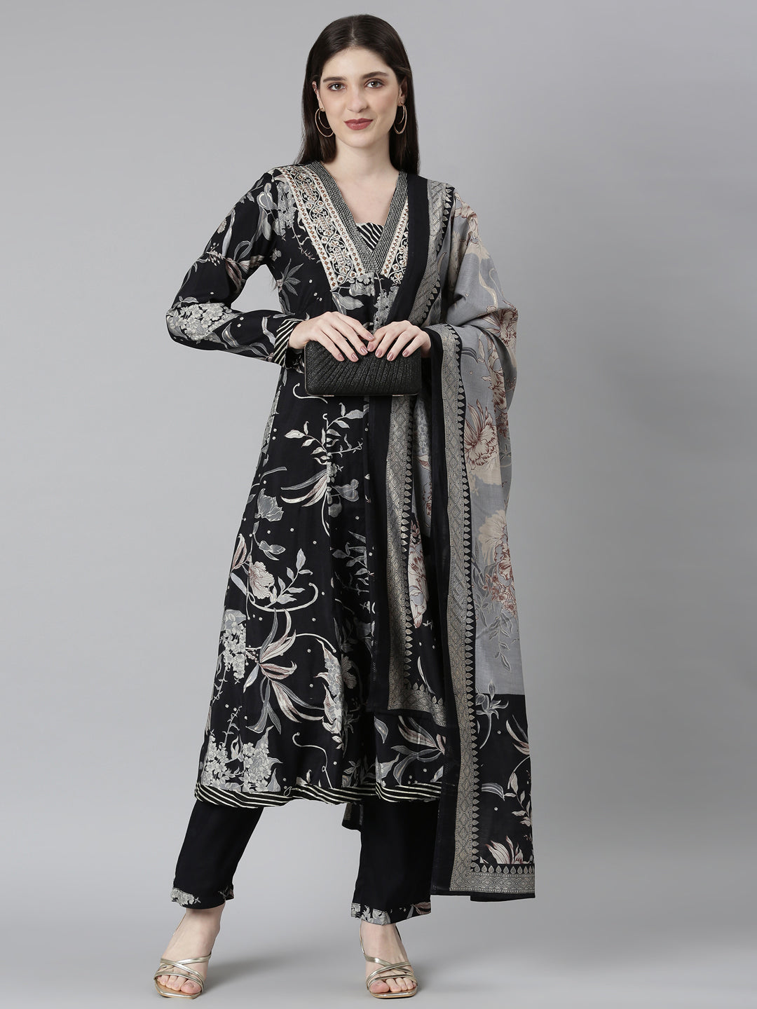 Neerus Black Regular Straight Floral Kurta And Trousers With Dupatta