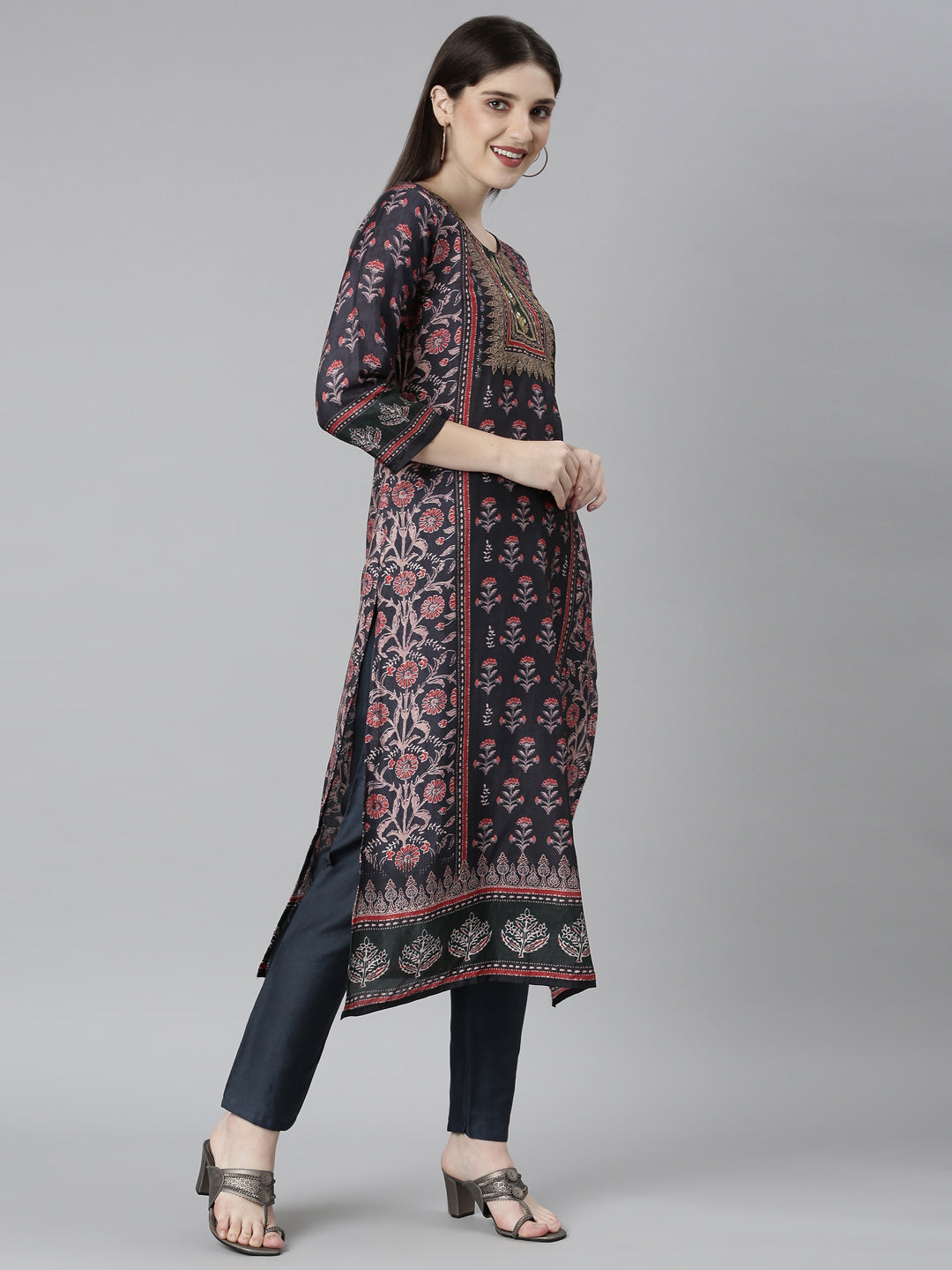 Neerus Black Regular Straight Floral Kurta And Trousers With Dupatta