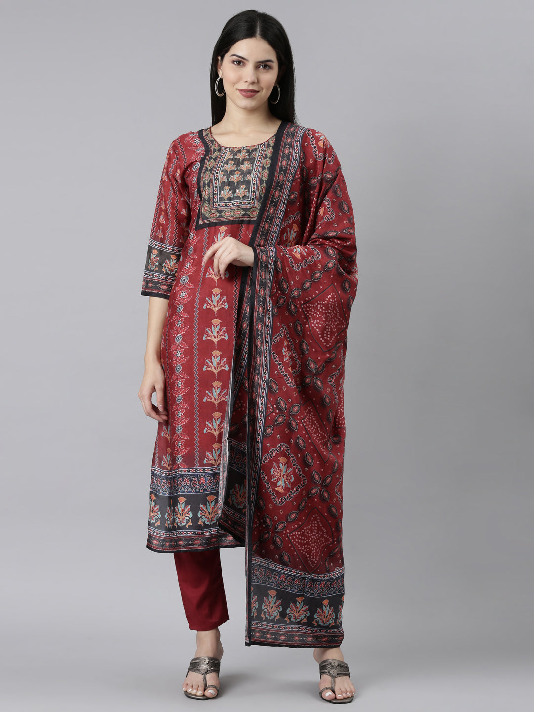 Neeru's Maroon Regular Straight Floral Readymade suits