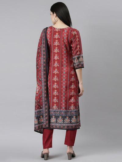 Neeru's Maroon Regular Straight Floral Readymade suits