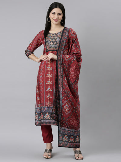 Neeru's Maroon Regular Straight Floral Readymade suits