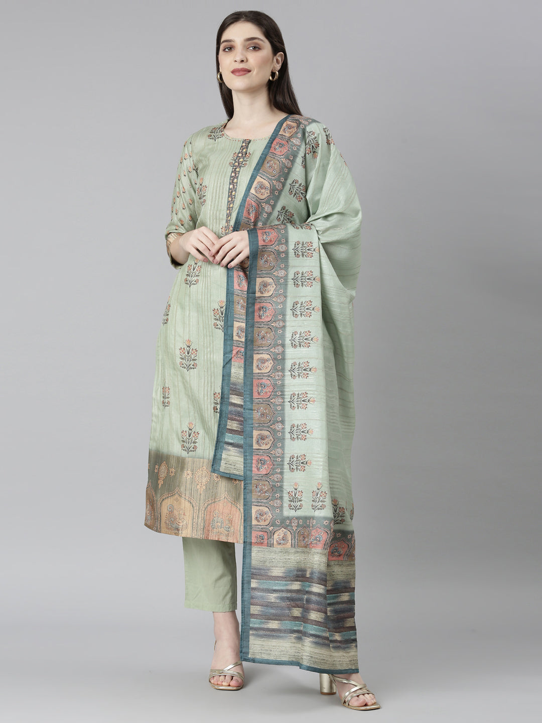 Neeru's Green Regular Straight Floral Kurta And Trousers With Dupatta