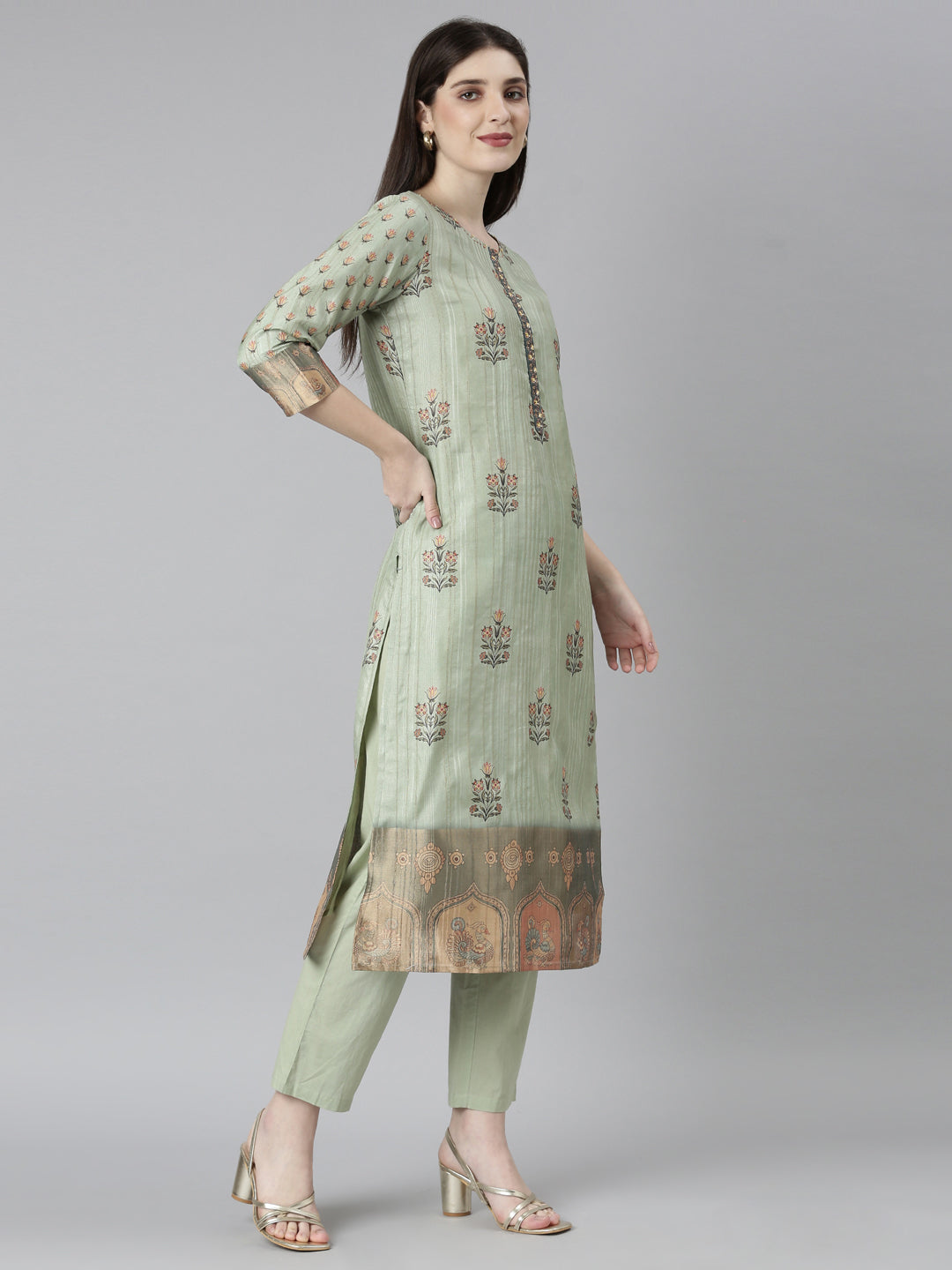 Neeru's Green Regular Straight Floral Kurta And Trousers With Dupatta