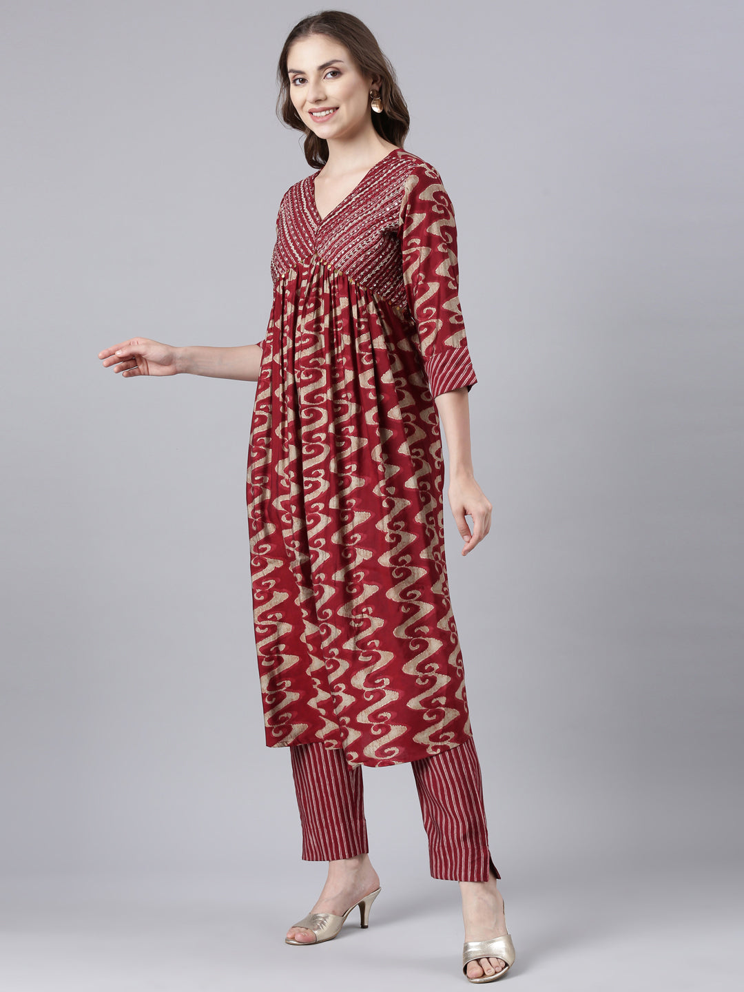 Neerus Maroon Panelled Printed Kurta And Trousers With Dupatta