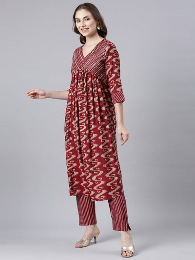 Neerus Maroon Panelled Printed Kurta And Trousers With Dupatta