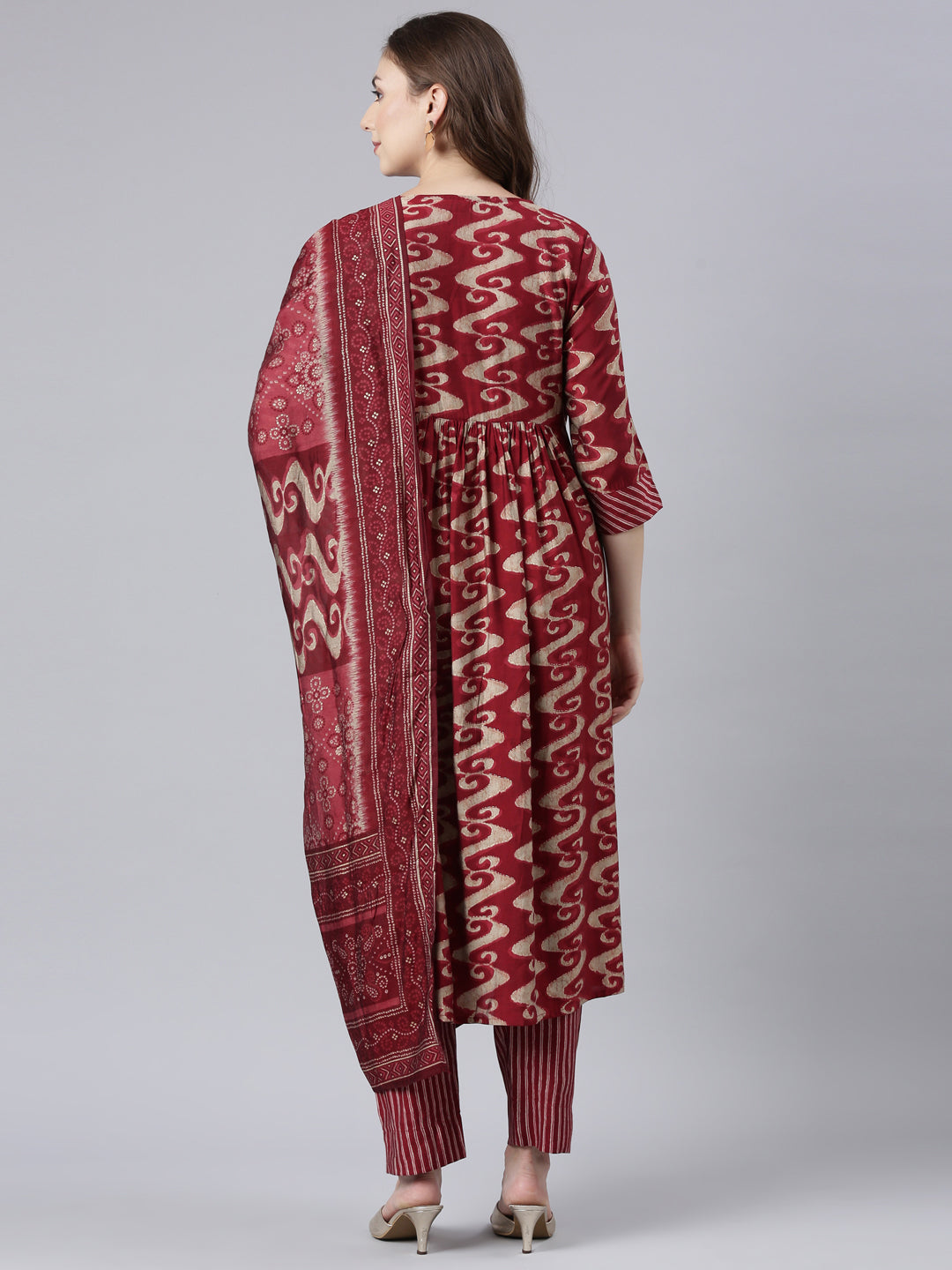 Neerus Maroon Panelled Printed Kurta And Trousers With Dupatta