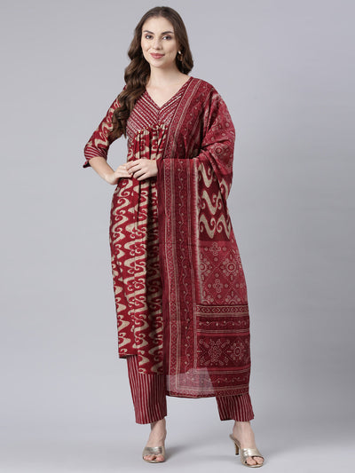 Neerus Maroon Panelled Printed Kurta And Trousers With Dupatta